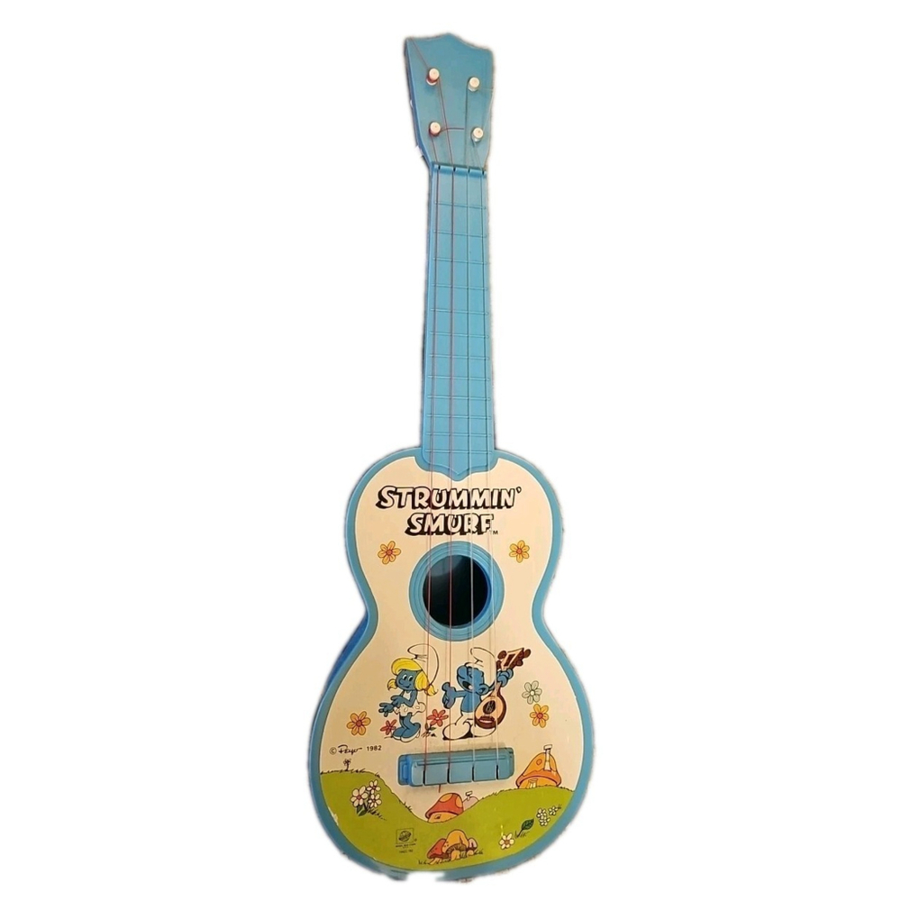 Vintage Strummin' Smurf Ukulele Guitar 1982 Peyo Smurfs Ohio Art Toy Instrument
